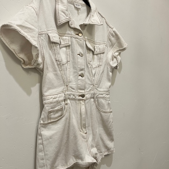 White Denim Button Up Romper Football Gameday Outfit - Picture 3 of 5